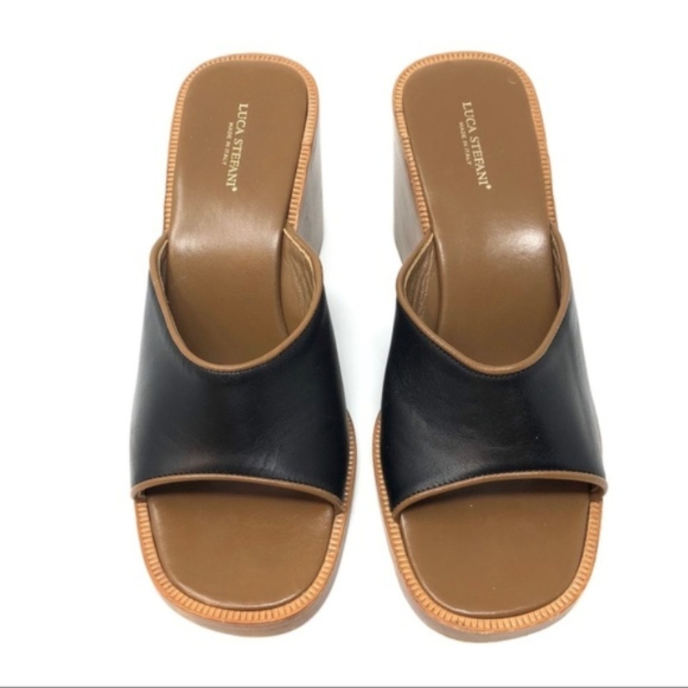 Luca Stefani Black Brown Wedge Leather Sandals Made in Italy - Picture 3 of 8